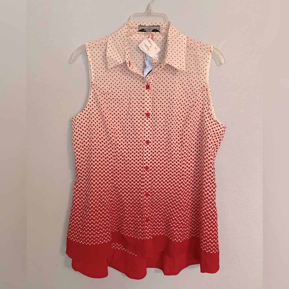 NWT Knapp Studio sleeveless button front polka dot blouse size L